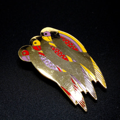 Laurel Burch "Perico" Brooch, Gold Plated Parakeets, Cloisonné Birds, 1980s Vintage Jewelry