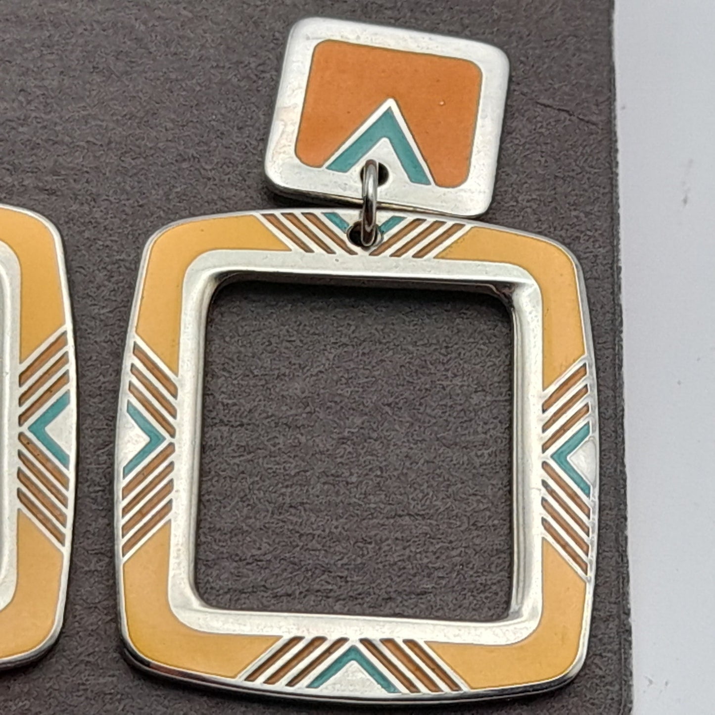 Vintage 1988 Laurel Burch Geometric Yellow Orange Enamel Post Earrings on Original Card
