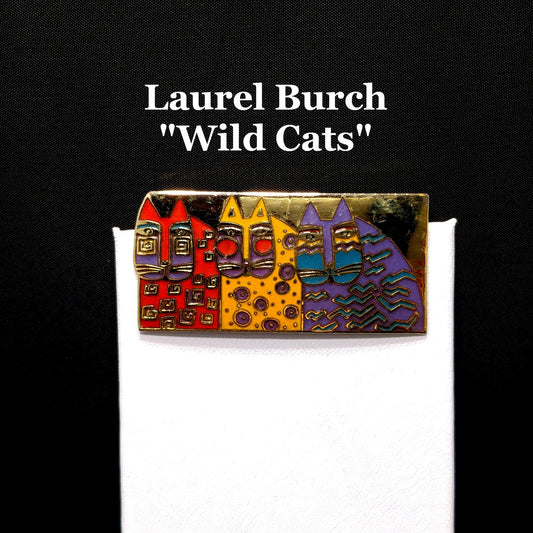 Laurel Burch "Wild Cats" Cloisonné Brooch, Three Cats Pin, 1980s Vintage Jewelry