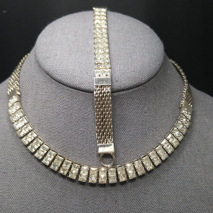 Art Deco Clear Rhinestone Choker Necklace Bracelet Set, Silver Tone Mesh, 1950s Vintage Jewelry