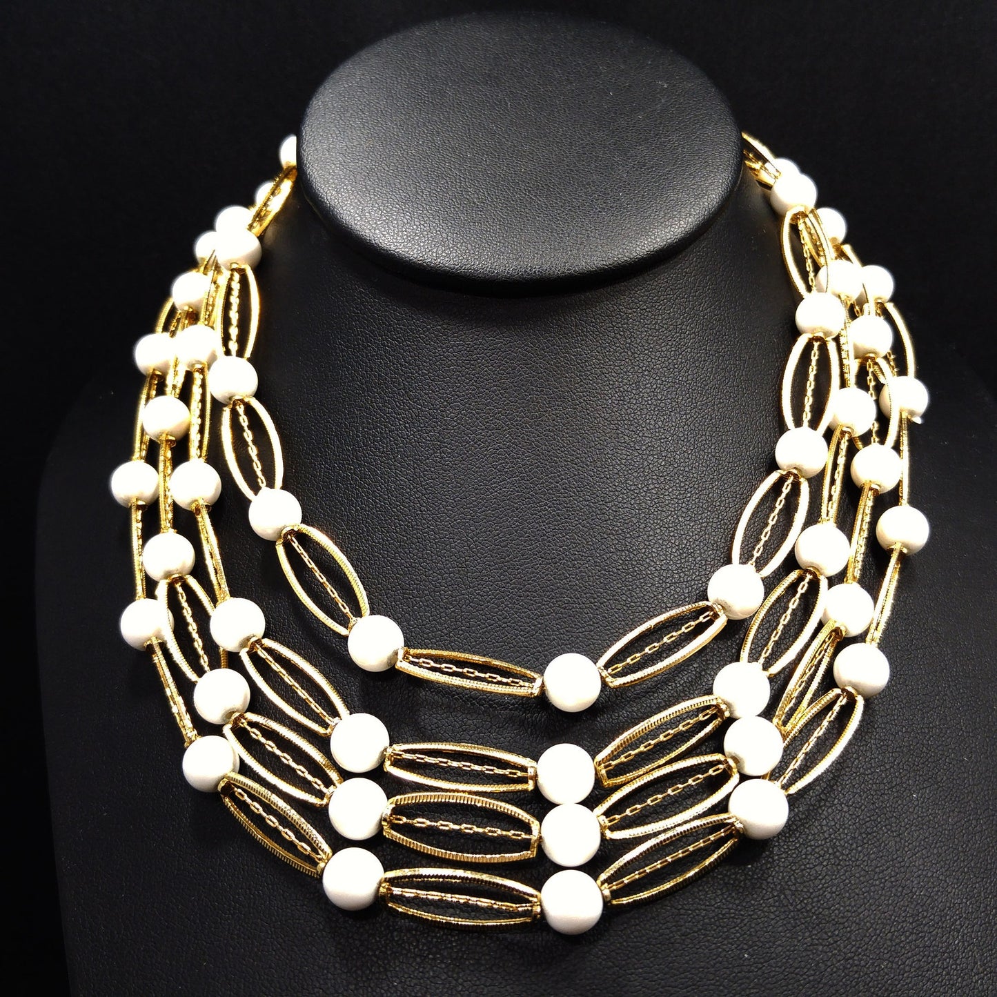 Kramer White Lucite 4 Strand Necklace, Gold tone, 1950s Vintage Jewelry
