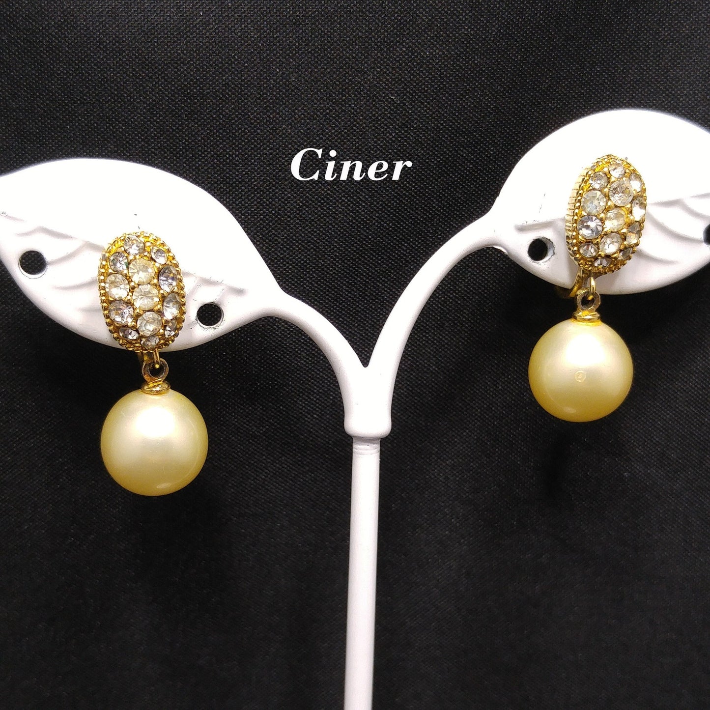 Ciner Faux Pearl Dangle Clip Earrings, Clear Rhinestones, Gold Plated, 1970s Vintage