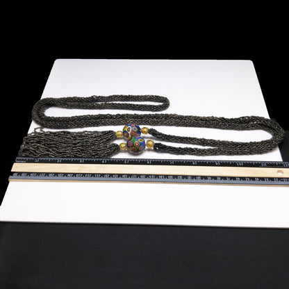 Vintage Art Deco Murano Millefiori Seed Bead Lariat Flapper Necklace, 1920s