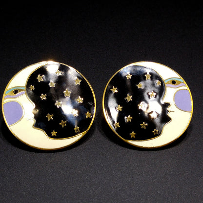 Laurel Burch "Moonface" Large Post Earrings, Cloisonné Gold Plate, Enamel Black White Purple, 1980s Vintage Jewelry