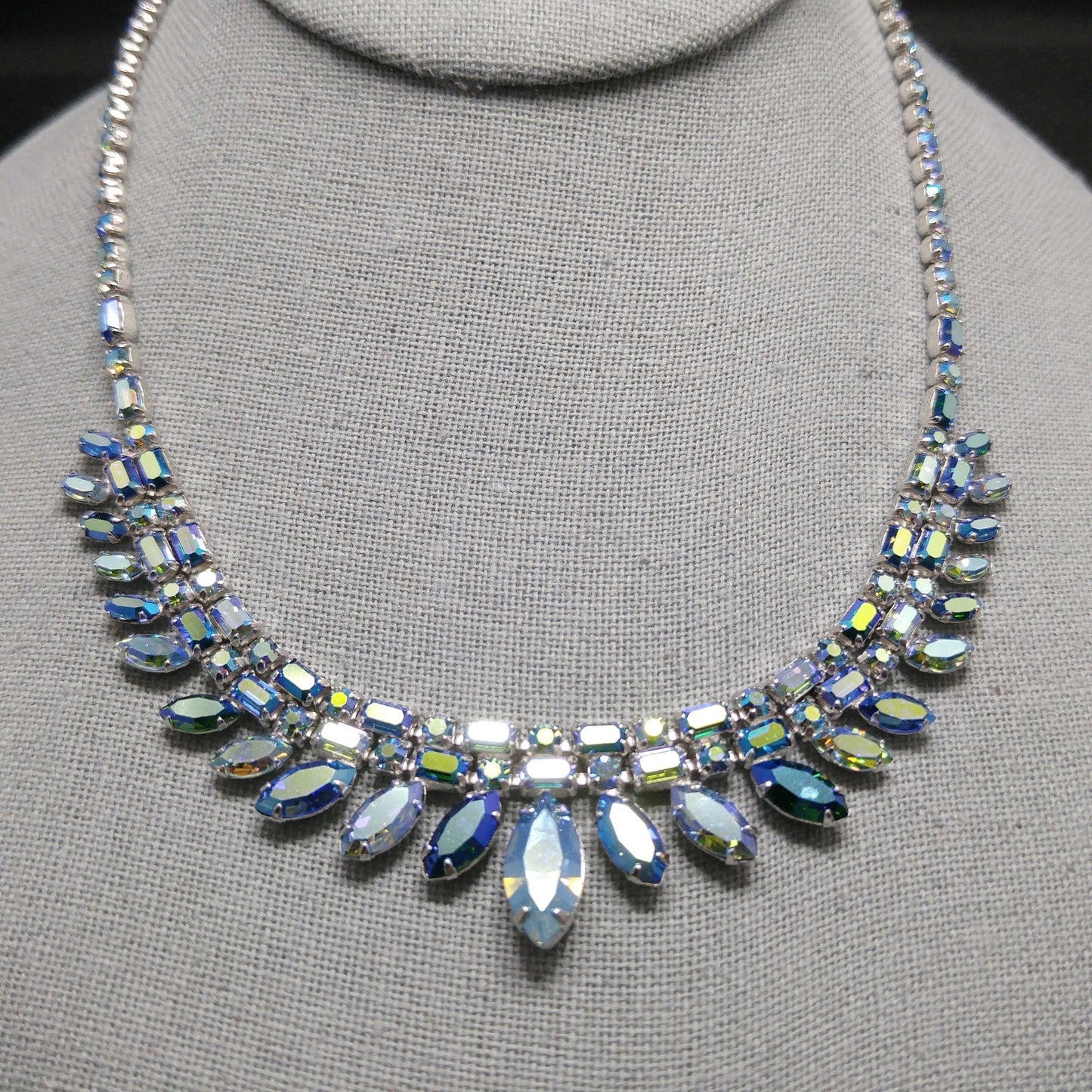 Sherman 1950s–60s Blue Aurora Borealis Rhinestone Necklace | Rhodium Plated Mid-Century Statement Collar