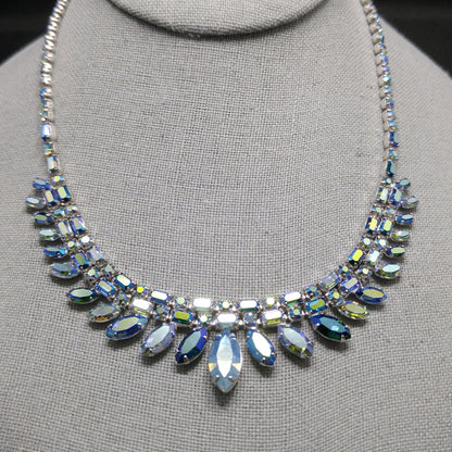 Sherman 1950s–60s Blue Aurora Borealis Rhinestone Necklace | Rhodium Plated Mid-Century Statement Collar