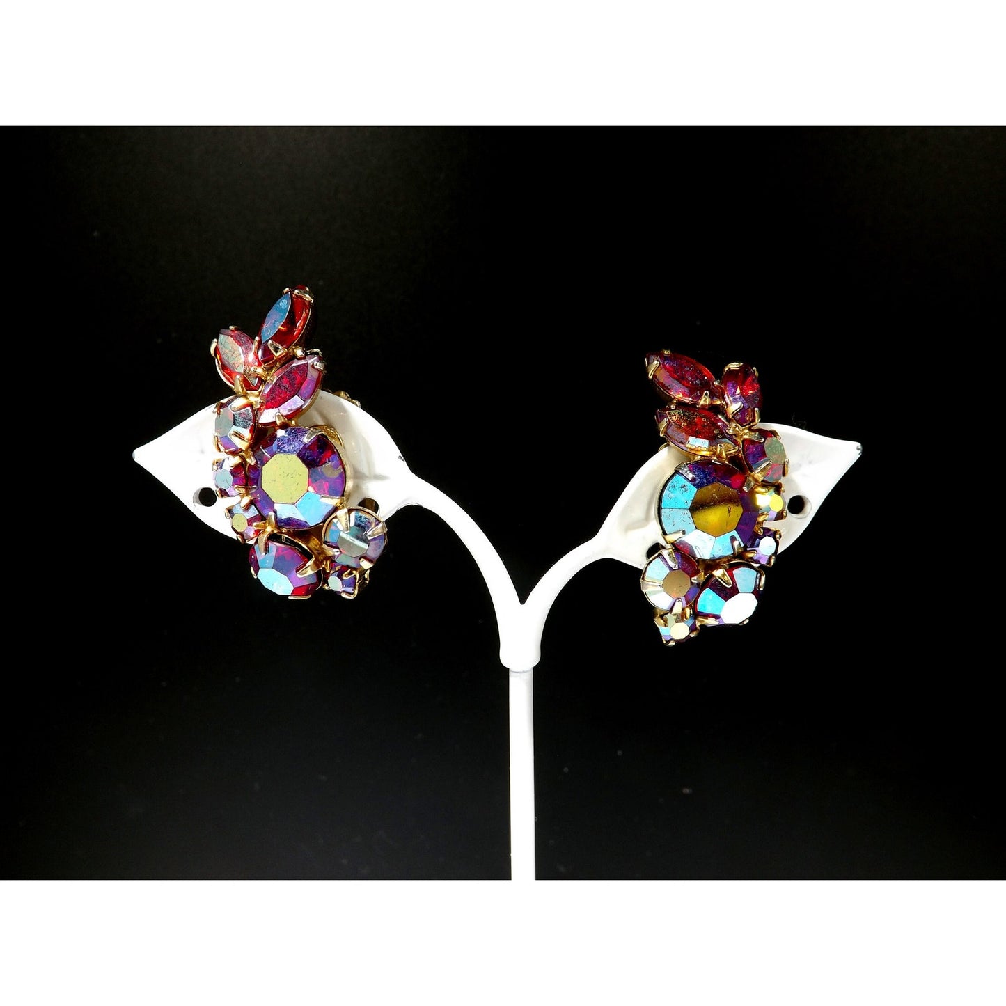 Red Aurora Borealis Bracelet Clip Earrings Set, 1960s Vintage Jewelry