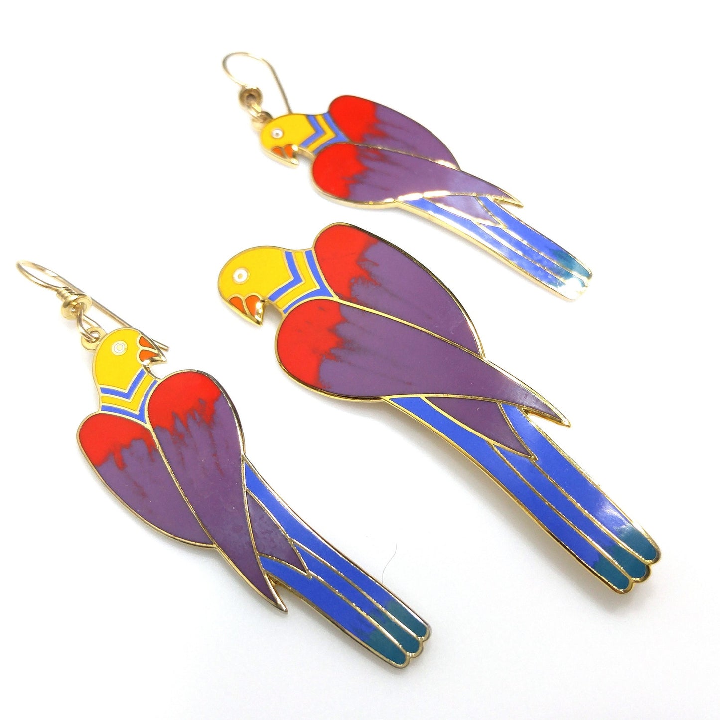 Laurel Burch Cezanne Parrot Earrings & Brooch Set, 22 KG Plated Cloisonné Enamel, 1980s Vintage Jewelry
