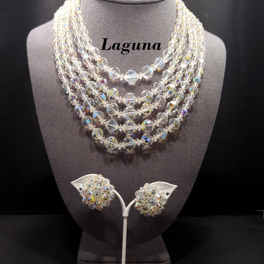 Laguna AB Crystal Beaded Necklace, Five Strands, Aurora Borealis Beads, 1950s