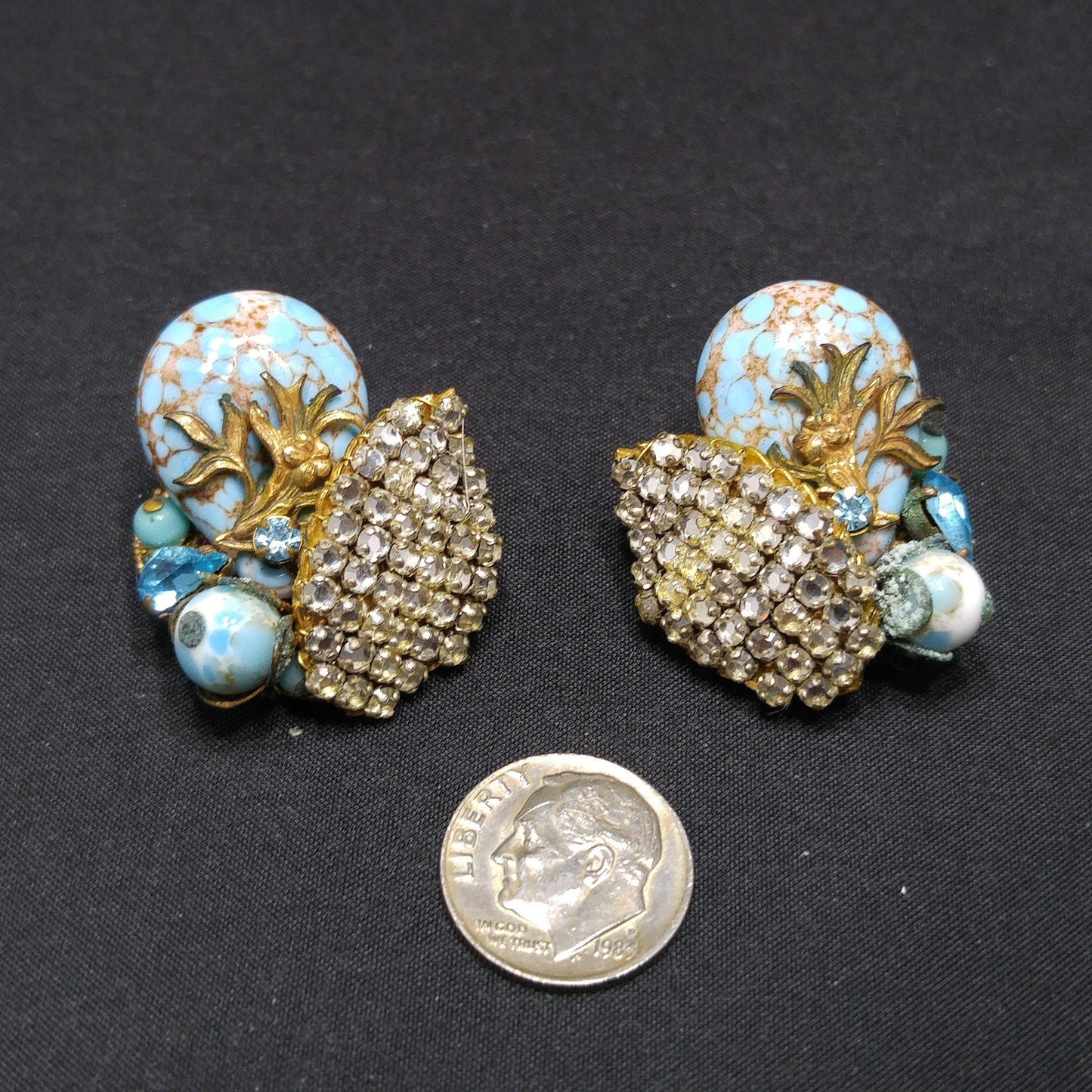 Eugene Rhinestone Art Glass Clip Earrings, Designed for Miriam Haskell, 1950s Vintage Jewelry