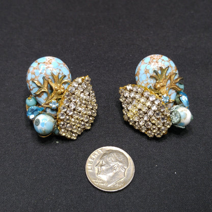 Eugene Rhinestone Art Glass Clip Earrings, Designed for Miriam Haskell, 1950s Vintage Jewelry