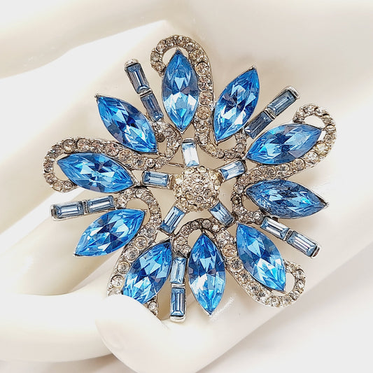Vintage Rhodium Plated Blue Clear Rhinestone Floral Brooch – 2 1/4 Inches