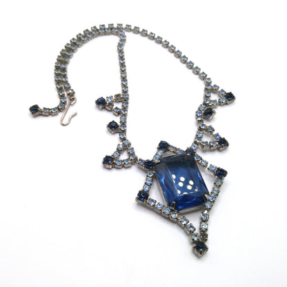 Mid-Century Blue Glass Pendant Necklace, Dark Light Blue Rhinestones, 1950s Vintage Jewelry
