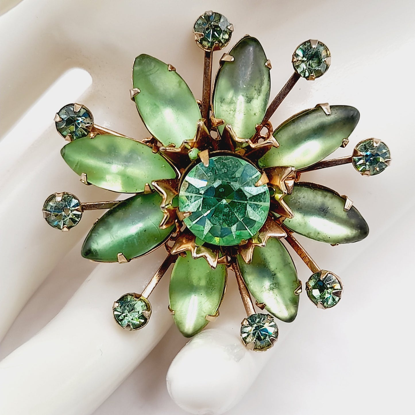 Vintage 1950s Uranium Glass Green Rhinestone Brooch Gold Filigree 1.75”