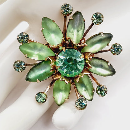 Vintage 1950s Uranium Glass Green Rhinestone Brooch Gold Filigree 1.75”