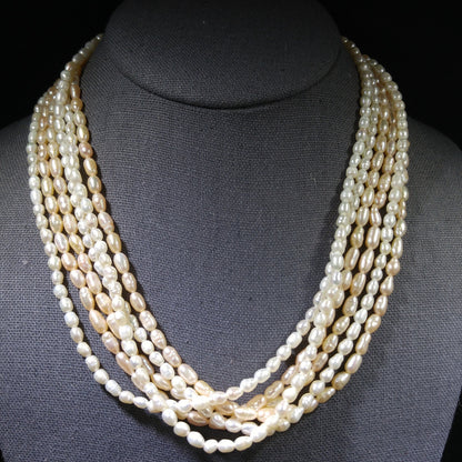 Fresh Water Pearl Necklace, 6 Strands, Silver Gold Plated Clasp, 1980s Vintage Jewelry