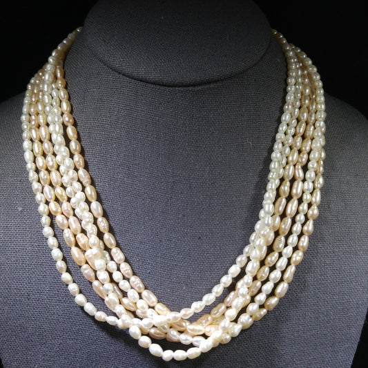 Fresh Water Pearl Necklace, 6 Strands, Silver Gold Plated Clasp, 1980s Vintage Jewelry