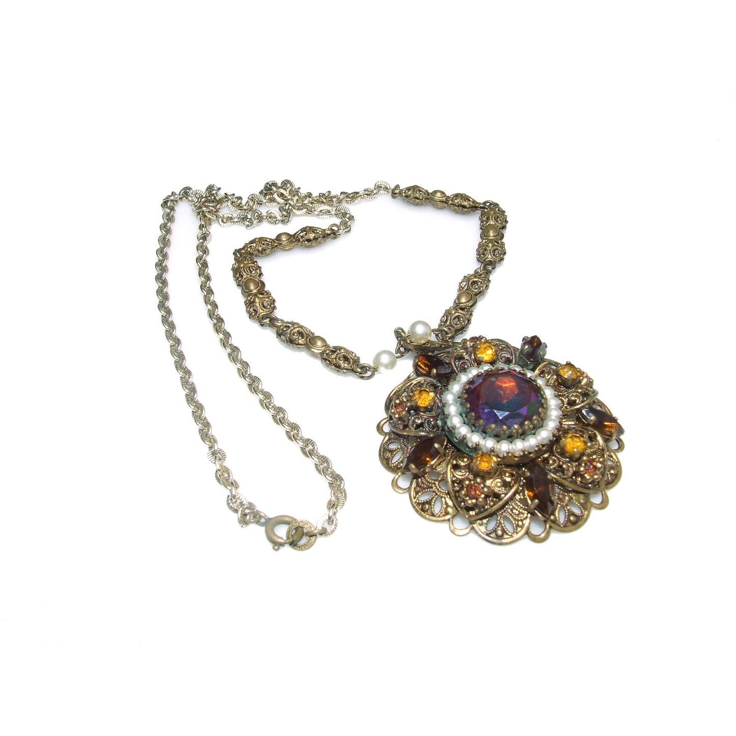 West Germany Carnival Glass Topaz Rhinestone Necklace, Faux Pearls, Filigree 1950s Vintage Jewelry