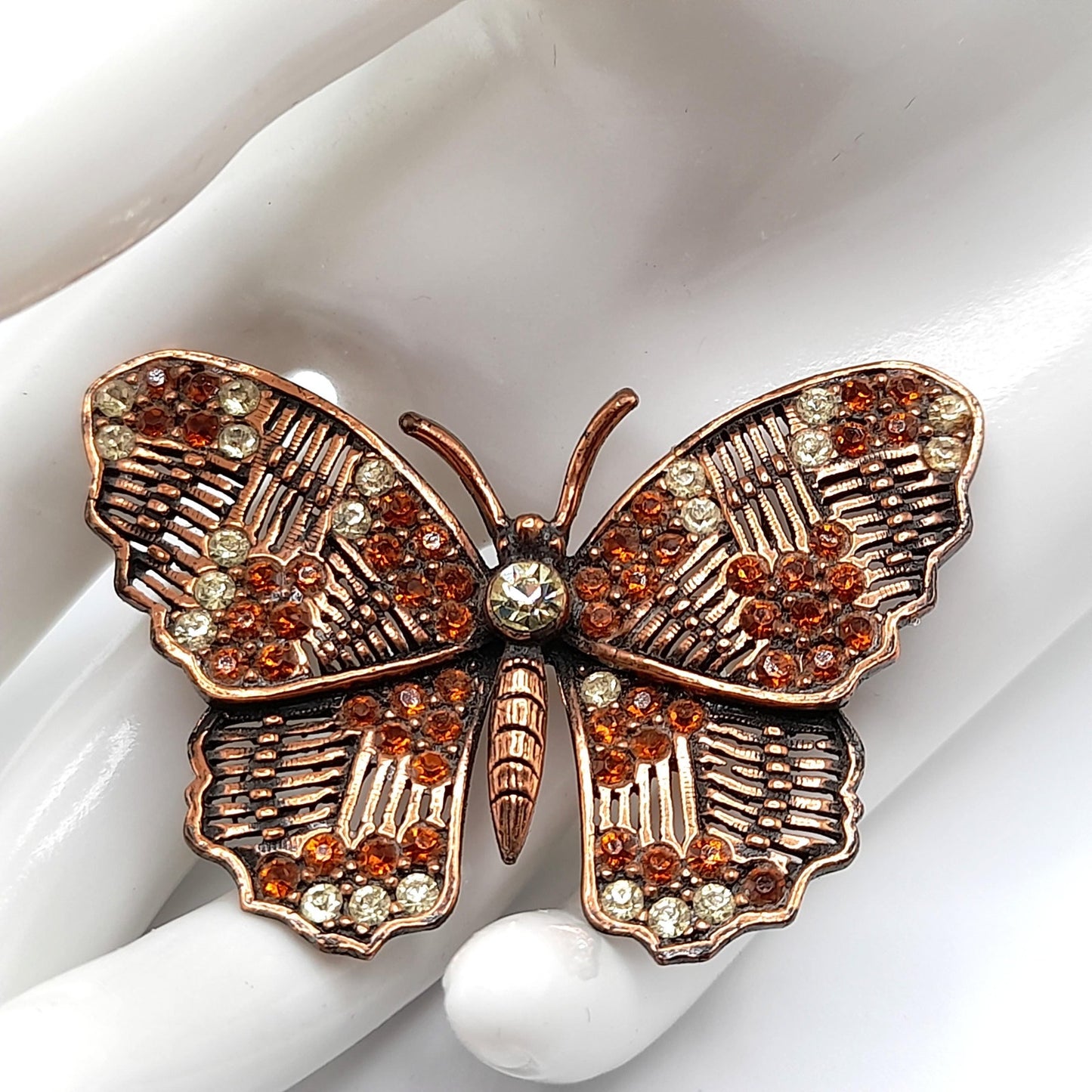Vintage Weiss Butterfly Brooch, Copper Plated, Clear Orange Rhinestones, 1960s