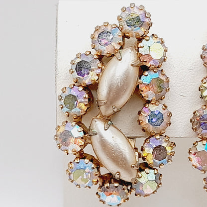 Vintage Aurora Borealis Rhinestone Clip Earrings 1950s Ear Climber Gold Tone