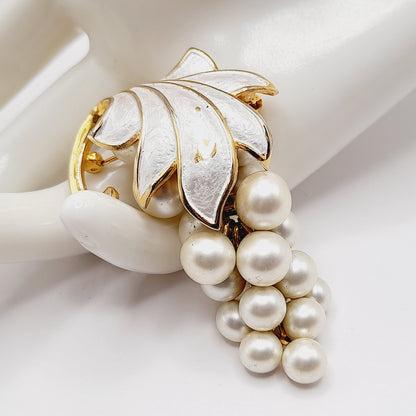 Vintage Alice Caviness Grape Cluster Brooch, White Enamel Leaf, Faux Pearl Berries, Gold Tone Pin, Mid Century Jewelry
