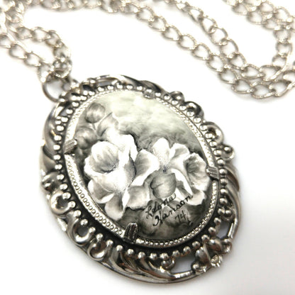 Hand Painted Monochrome Flower Pendant Necklace, Signed & Dated, 1970s Vintage Jewelry