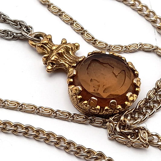Vintage Goldette Three Layering Strands Intaglio Cameo Pendant Necklace