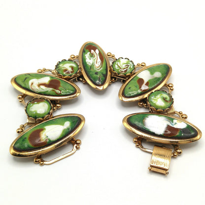 Mid-Century Enamel Book Chain Bracelet, Green Brown White Gold, 1950s Vintage Jewelry