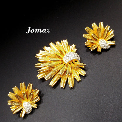 Jomaz Gold Plated Brooch & Earrings, Pave Rhinestones, Joseph Mazer Co, 1960s Vintage Jewelry