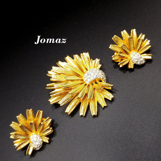 Jomaz Gold Plated Brooch & Earrings, Pave Rhinestones, Joseph Mazer Co, 1960s Vintage Jewelry
