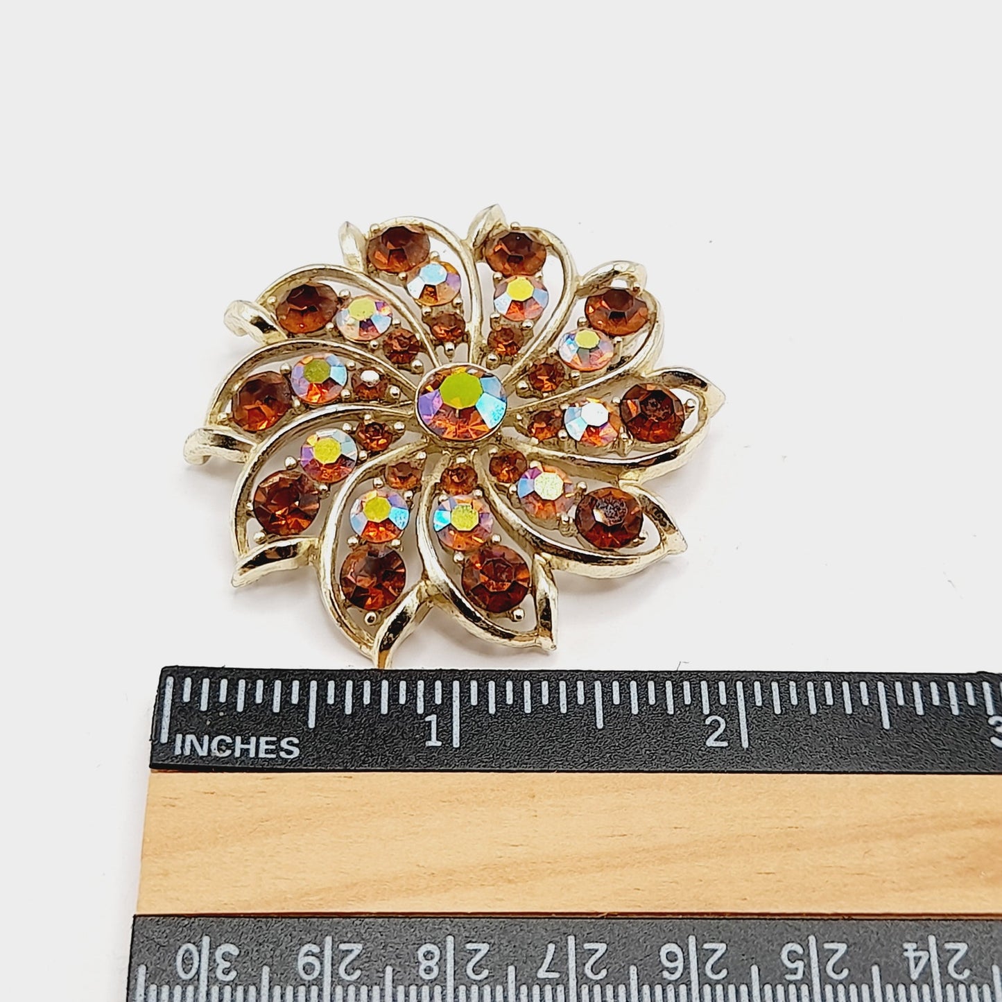 Vintage Topaz AB Rhinestone Flower Brooch Gold Plated 2 Inch Unsigned