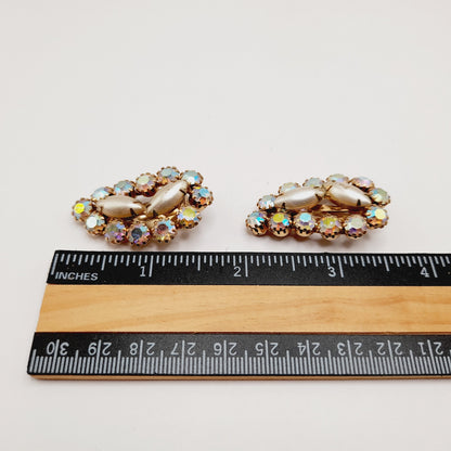 Vintage Aurora Borealis Rhinestone Clip Earrings 1950s Ear Climber Gold Tone