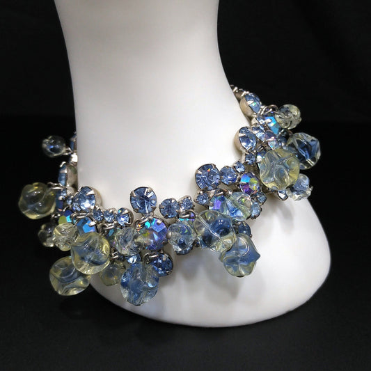 Light Blue AB Rhinestone Bracelet, Glass Dangle Clear Beads, Rhodium Plated, 1950s Vintage Jewelry