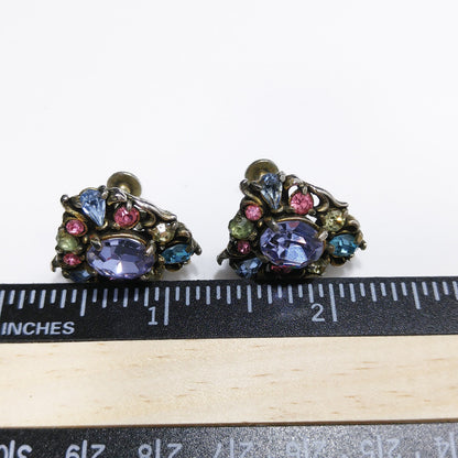 Hollycraft Pastel Rhinestone Earrings, Signed Copr 1950, Vintage Jewelry