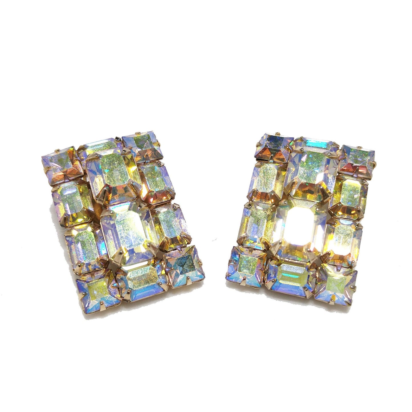 Weiss Aurora Borealis Emerald Cut Earrings, Gold Plating, 1960s Vintage Jewelry