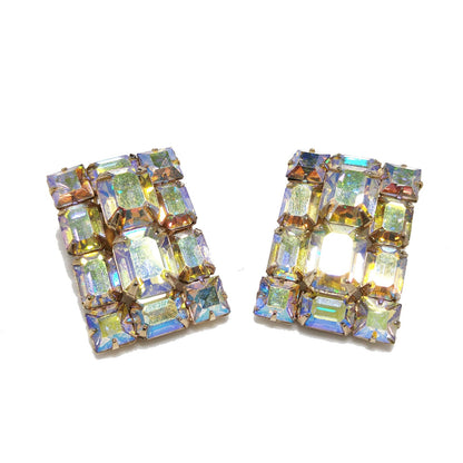 Weiss Aurora Borealis Emerald Cut Earrings, Gold Plating, 1960s Vintage Jewelry