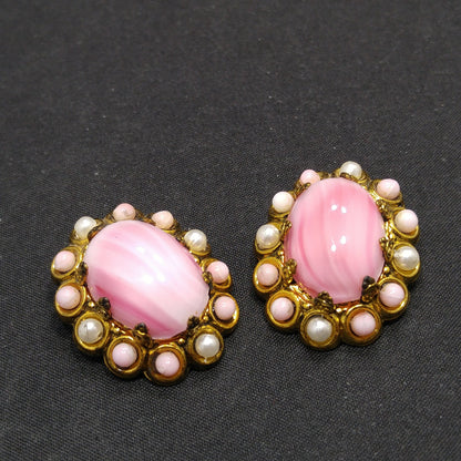 West Germany Pink Clip Earrings, Pink Glass, Faux Pearls, 1950s Vintage Jewelry