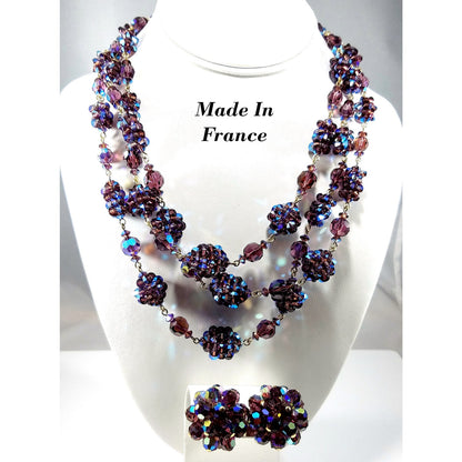 Vintage French Purple Crystal Cluster Necklace Clip Earrings Set, Made in France,  1950s