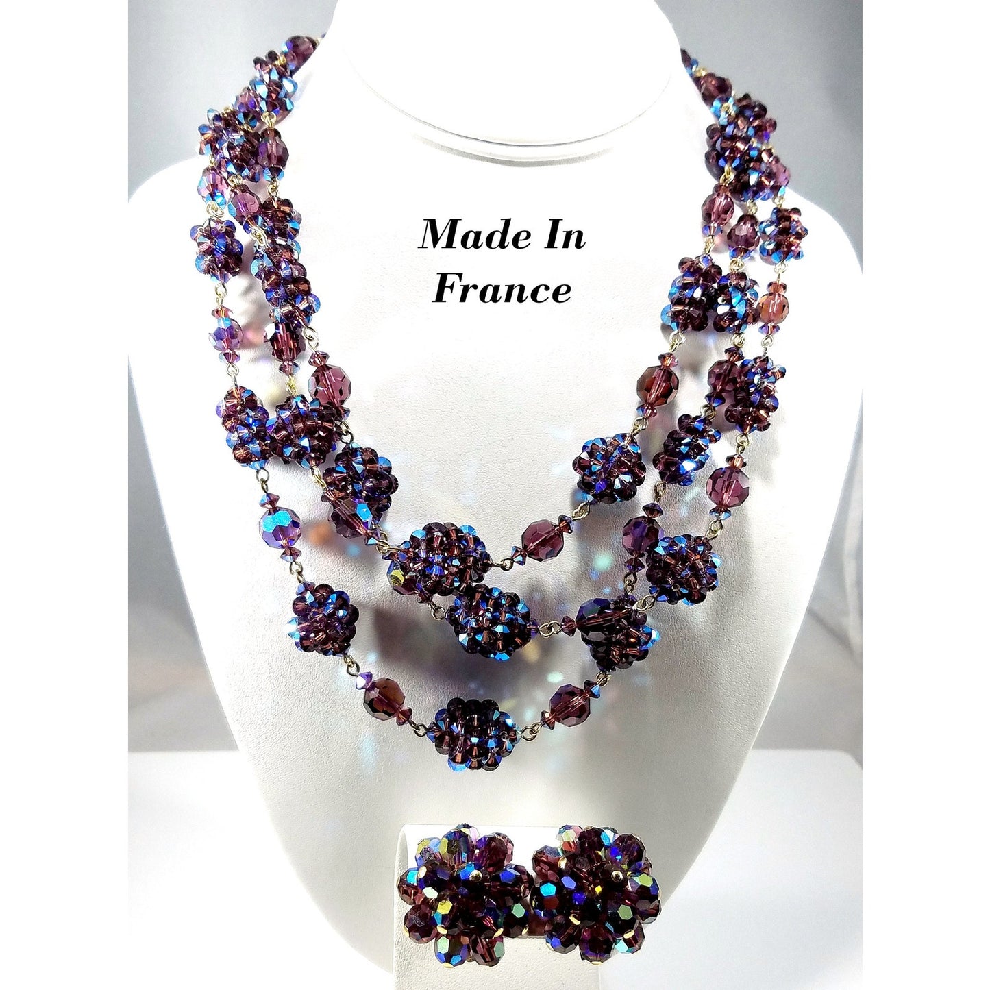 Vintage Made in France Purple AB Crystal Necklace Earrings Set 1950s Demi Parure
