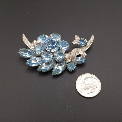 Eisenberg Ice Light Blue Floral Brooch, Rhodium Plated, 1960s Vintage Jewelry