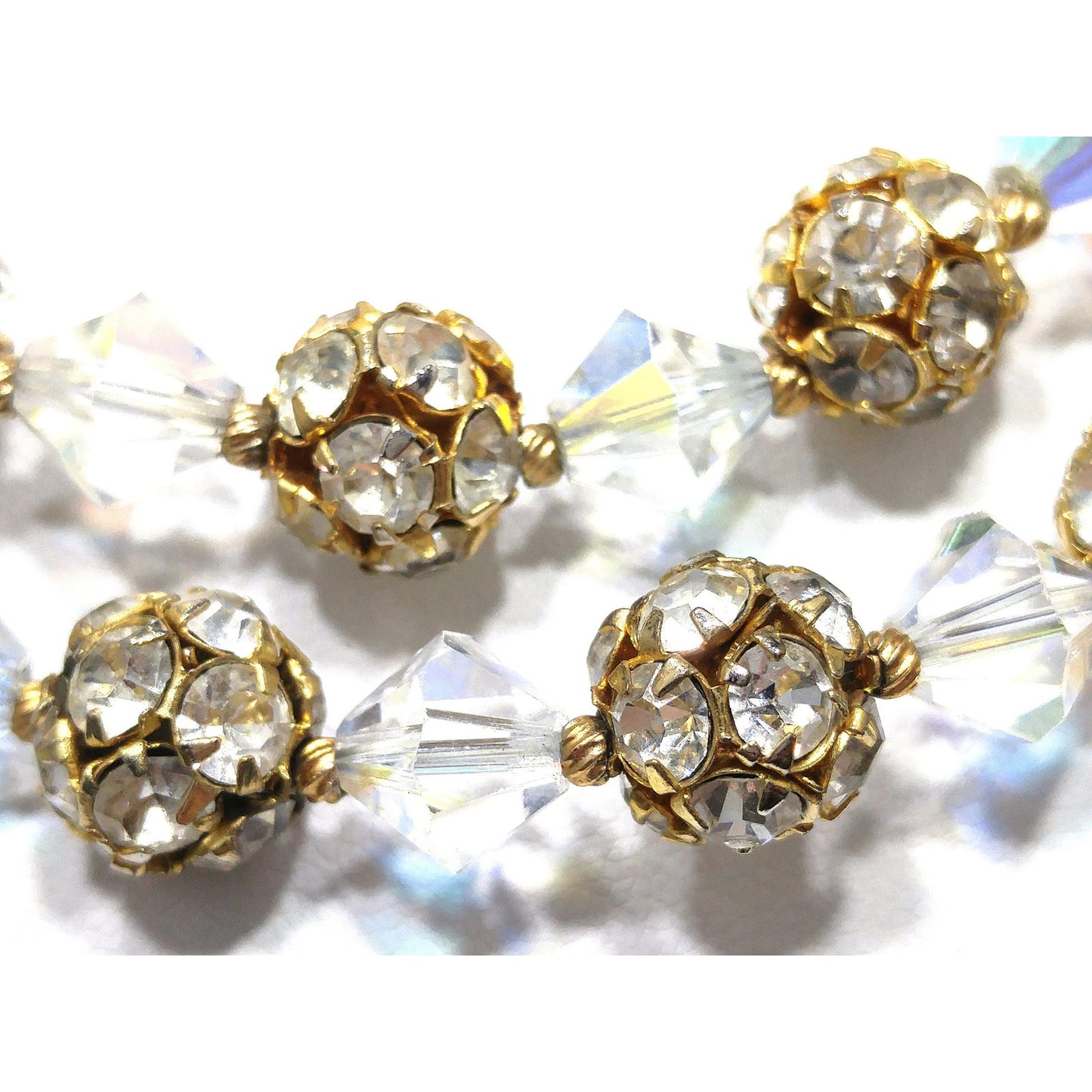 Crystal & Rhinestone Bead Two Strand Necklace, Gold Plated Rhinestone Clasp, 1960s Vintage Jewelry