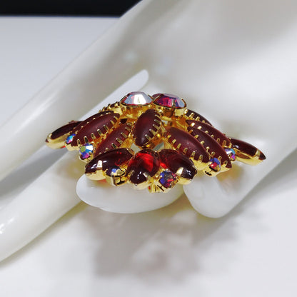 Red Art Glass & Rhinestone Brooch, Gold Plated, Juliana Style, 1960s Vintage Jewelry