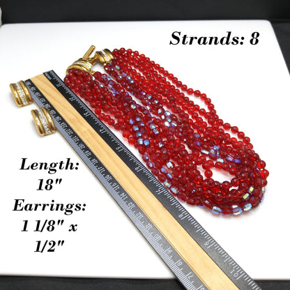 Vintage Stannard Red Glass Bead Necklace Earrings Set Gold Rhinestone Clasp 1970s