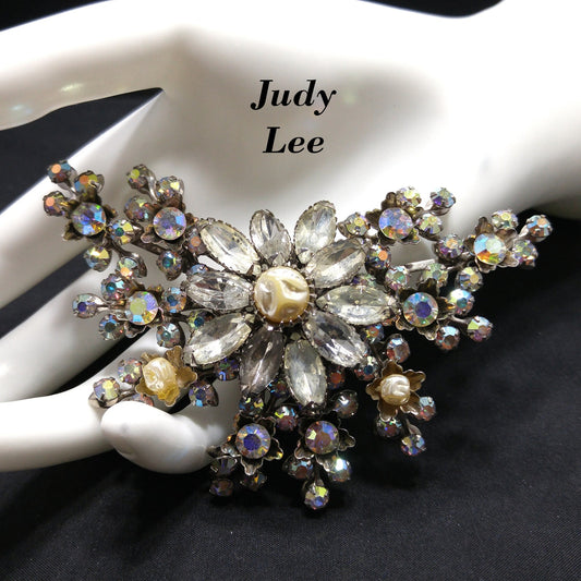 Judy Lee Signed Large Floral Brooch Rhinestone Faux Pearl AB Silver Tone 1950s