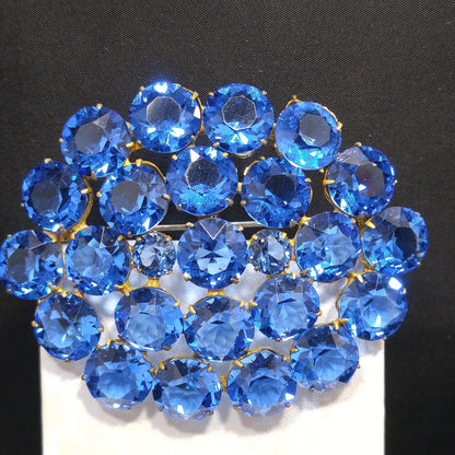 Art Deco Czech Blue Brooch, Open Back Glass Rhinestones, 1940s Vintage Jewelry