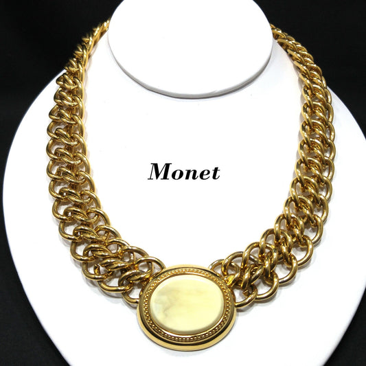 Vintage Monet Necklace, Faux Stone Lucite Pendant, 22K Gold Plated, 18" Length, 1980s Vintage Jewelry