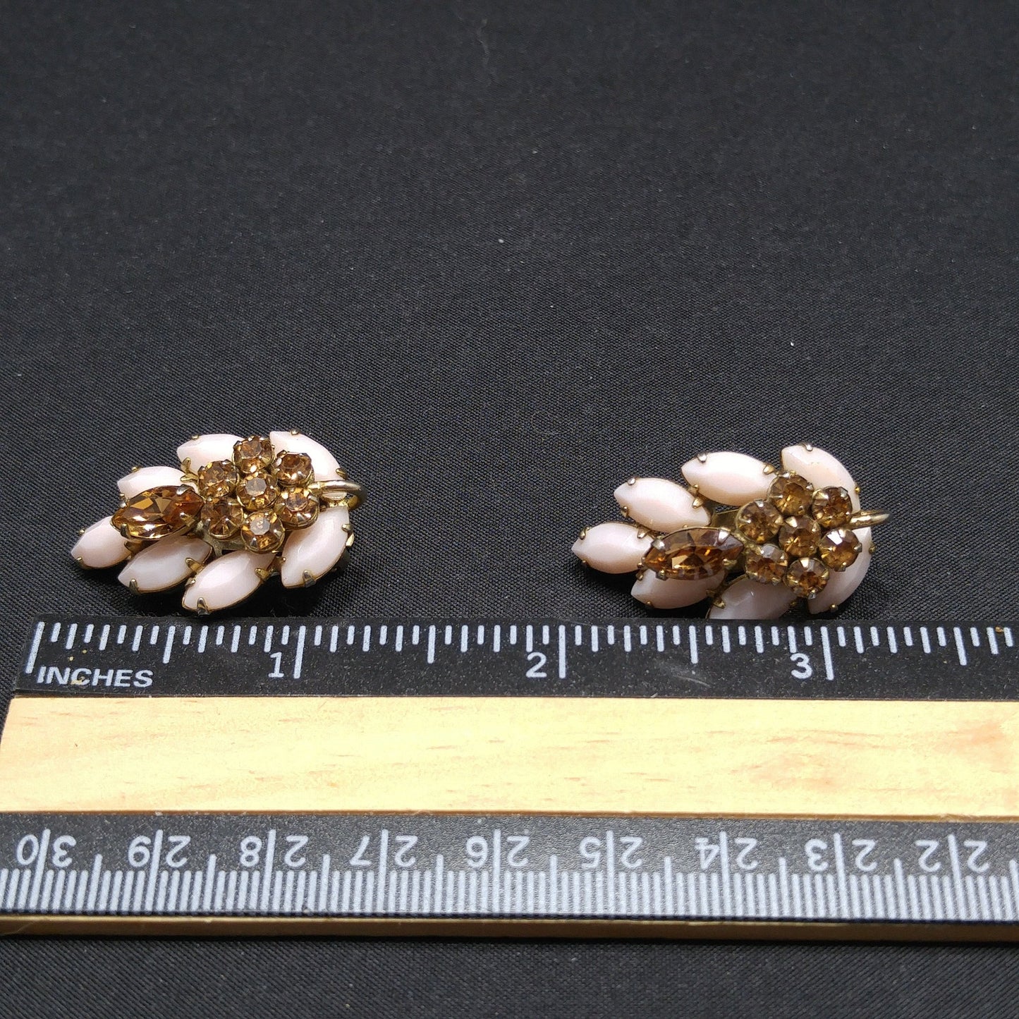 Sherman Pink & Topaz Rhinestone Earrings, Pink Milk Glass, Gold Plated, 1960s Vintage Jewelry