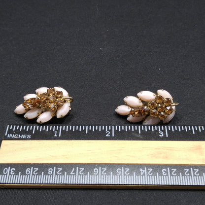 Sherman Pink & Topaz Rhinestone Earrings, Pink Milk Glass, Gold Plated, 1960s Vintage Jewelry