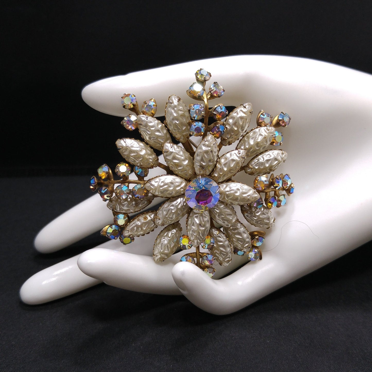 Large Flower Pearled Lava Glass Brooch, Aurora Borealis Rhinestones, 1950s Vintage Jewelry