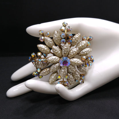 Large Flower Pearled Lava Glass Brooch, Aurora Borealis Rhinestones, 1950s Vintage Jewelry